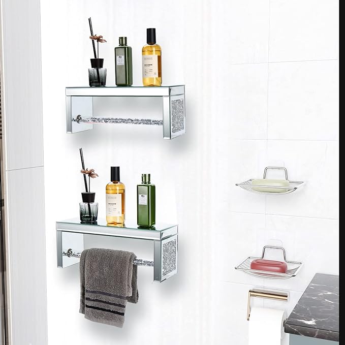 TACIDON Glass Mirrored Wall Shelf. Wall Mounted for Over Toilet. Glamorous Crystal Diamond Glass Towel Bar. Decorative Storage Glass Shelf for Bathroom, Kitchen or Bedroom.(Silver)