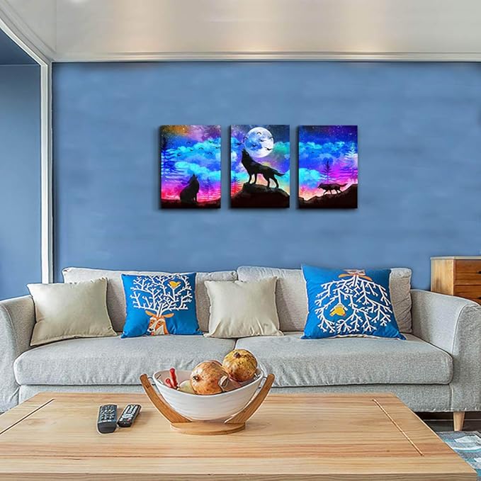 Canvas Wall Art For Living Room Wall Decor For Bedroom Kitchen Canvas Art Prints Artwork Modern Framed Room Home Decorations Blue Starry Sky Landscape Paintings Wolf Office Hang Pictures 3 Pieces