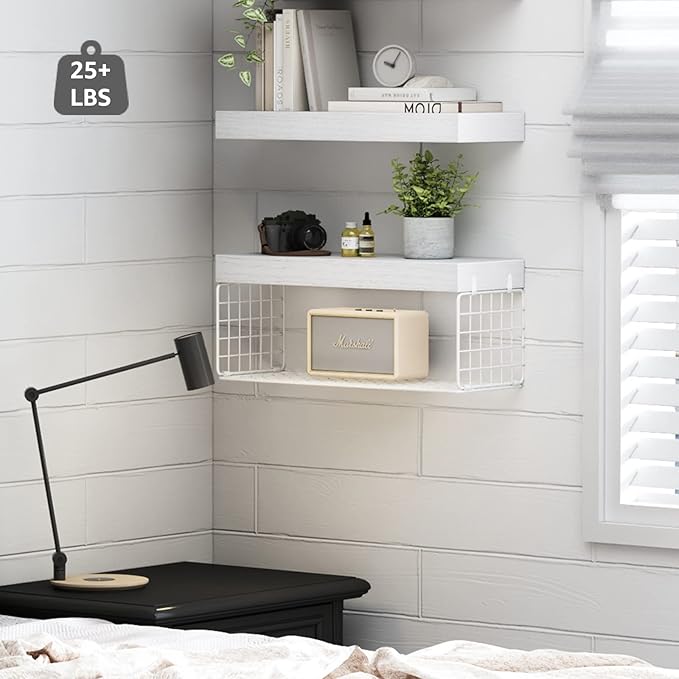 QEEIG White Bathroom Shelves Over Toilet Wall Mounted Floating Shelves Farmhouse Shelf Toilet Paper Storage Small 16 inch Set of 2 (019-W2)