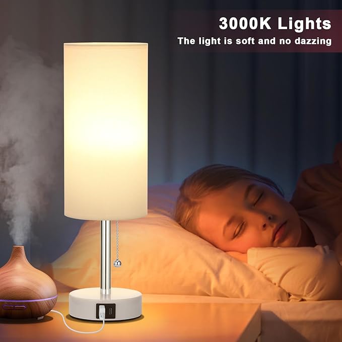 Hong-in Nightstand Lamp with 3 Color Modes - White Lamp for Bedroom with USB-C USB-A Charging Ports, 3000/4000/5000k Bedside Lamps by Pull Chain, Small Table Lamp for Bedroom, Office, Living Room