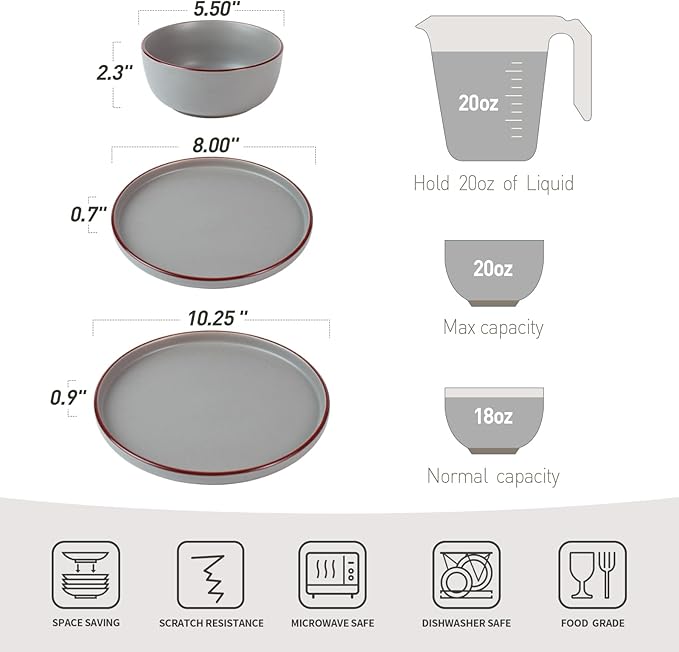 Famiware Mercury 24 Pieces Dinnerware Sets, Plates and Bowls Sets for 8, Microwave and Dishwasher Safe Dish Set, Dark Grey