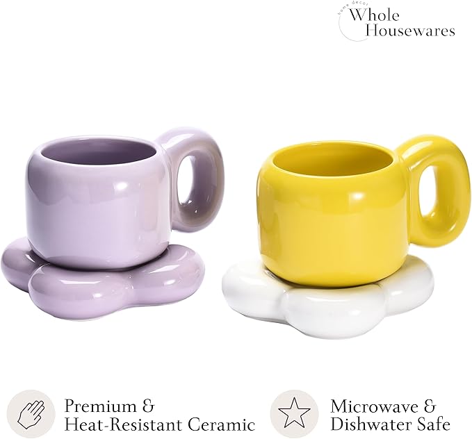 WHOLE HOUSEWARES | 2 Ceramic Coffee Mug - Aesthetic Chubby Cloud Mug - Trendy Cups with Unique Shape - Dishwashe-safe - Compatible For Coffee Or Tea - For Home and Office Use (Purple & Yellow)