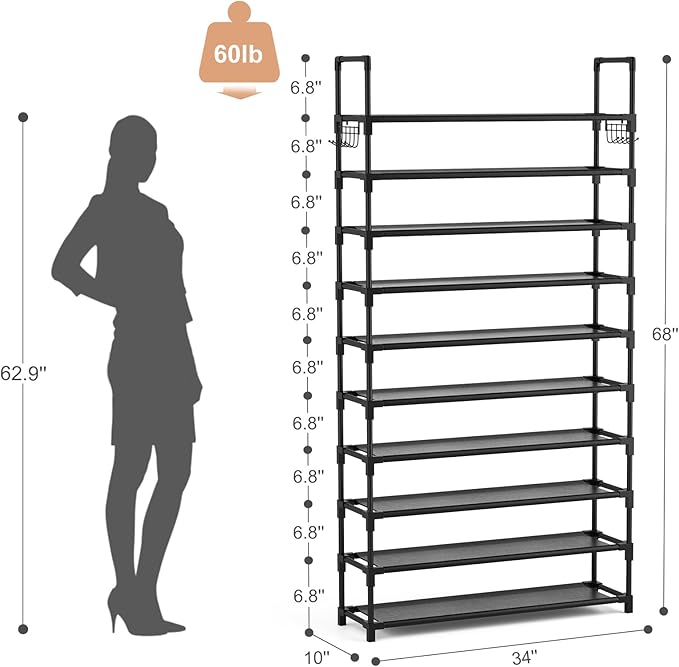 VTRIN 10-Tier Shoe Rack - Large Capacity 50 Pair Organizer with Two Hooks - Sturdy Metal Shoe Shelf for Entryway, Closet, Bedroom