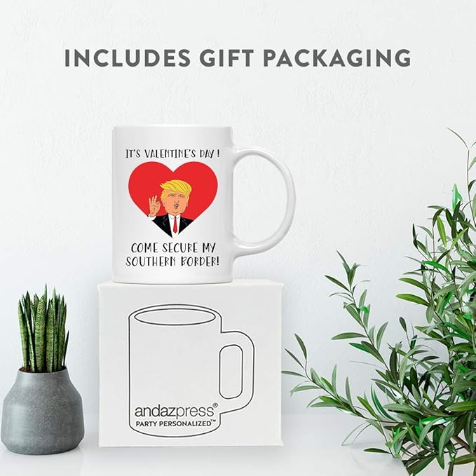Andaz Press Valentine’s Day Funny 11oz. His Her Couples Coffee Mug Gift, It's Valentine's Day! Come Secure My Southern Border!, Heart Donald Trump Graphic, 1-Pack, Gift Box