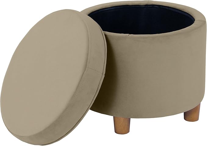 HomePop Home Decor | Upholstered Round Storage Ottoman | Ottoman with Storage for Living Room & Bedroom, Fawn Gray Velvet, Large