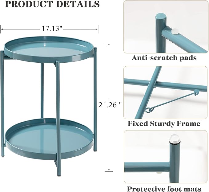 TeoKJ 2 Tier Round Side Table, Folding Round Metal End Table Small Nightstand with Two Removable Tray for Bedroom Living Room Bedside Small Spaces Blue Gray
