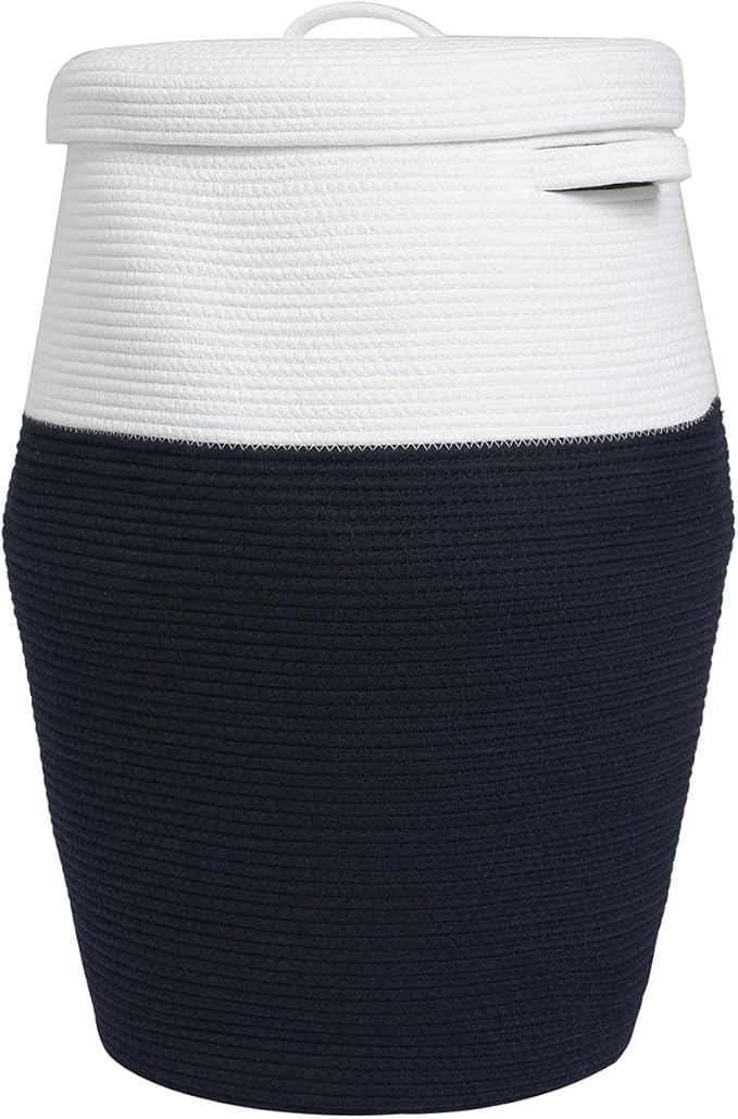 26" x 20" Tall Extra Large Storage Basket with Lid, Cotton Rope Storage Baskets, Woven Laundry Hamper with Cover, for Clothes Blanket in Living Room, Dark Blue/Beige Line