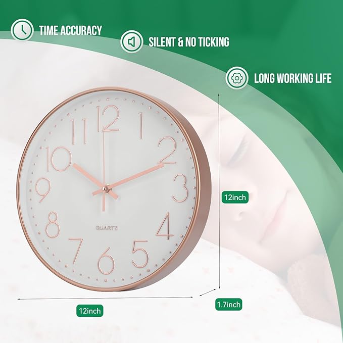 Wall Clock 12 Inch Non-Ticking Silent Modern Simple Style Round Decor Clock Rose Gold Stereoscopic Dial Quartz Wall Clocks for Home/Office/School/Living Room/Bedroom/Kitchen