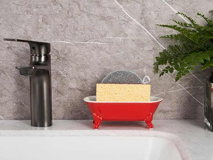 6.5" Ceramic Mini Decorative Clawfoot Bathtub Bar Soap Dish, Kitchen Sponge Holder and Shower Tray for Bathroom, 1 Pack(Chili)