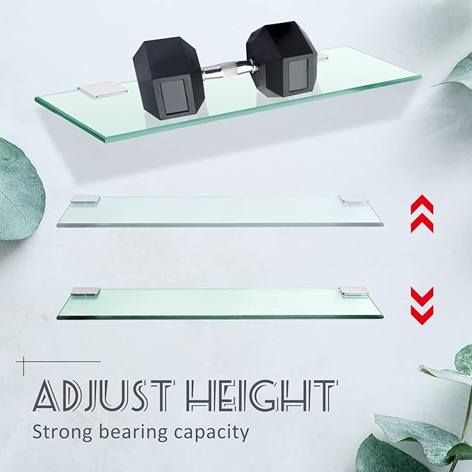Tatuo 2 Pieces Bathroom Shelf Tempered Glass Shelf for Bathroom, 304 Stainless Steel Wall Mount Floating Glass Shelves (15.8 Inch)