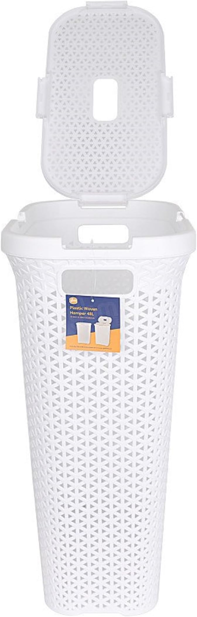 YBM Home Plastic Rattan Laundry Hamper Basket with Hinged Lid, Ventilation Holes, Durable, Lightweight Bin With Cutout Handles, Storage Dirty Clothes, Space Saver, 10.5" x 17.5" x 23.75", White