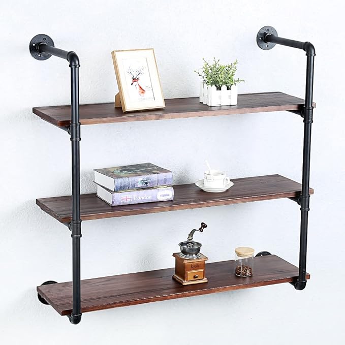 Industrial Pipe Shelving Wall Mounted,36in Rustic Metal Floating Shelves,Steampunk Real Wood Book Shelves,Wall Shelf Unit Bookshelf Hanging Wall Shelves,Farmhouse Kitchen Bar Shelving(3 Tier)