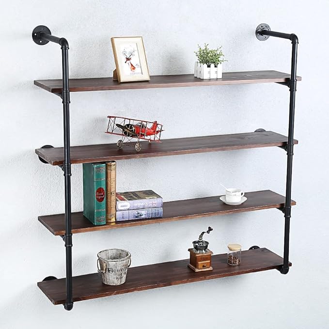 Industrial Pipe Shelving Wall Mounted,48in Rustic Metal Floating Shelves,Steampunk Real Wood Book Shelves,Wall Shelf Unit Bookshelf Hanging Wall Shelves,Farmhouse Kitchen Bar Shelving(4 Tier)