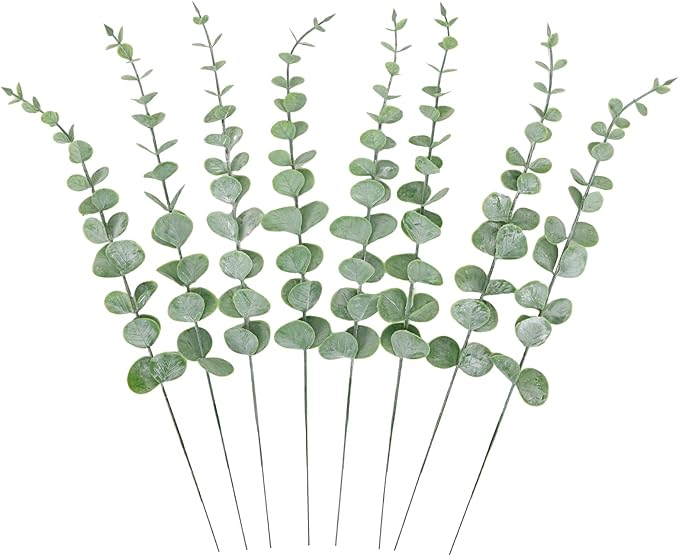 CEWOR 8pcs Eucalyptus Stems Decor 14.1 Inch Artificial Eucalyptus Leaves Fake Greenery Branches for Wedding Centerpiece Flower Floral Arrangement Farmhouse Home Decoration