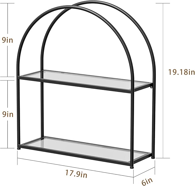 Crofy Black Arched Frame Wall Shelf, Decorative 2 Tier Bathroom Wall Shelf with Transparent Tempered Glass Shelves and Robust Storage Capacity, 6" D x 17.9" W x 19.18" H