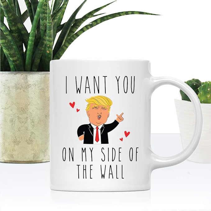 Andaz Press Valentine’s Day Funny 11oz. His Her Couples Coffee Mug Gift, I Want You On My Side Of The Wall, Donald Trump Heart, 1-Pack, Trump Valentines Day Cup Valentines Mugs