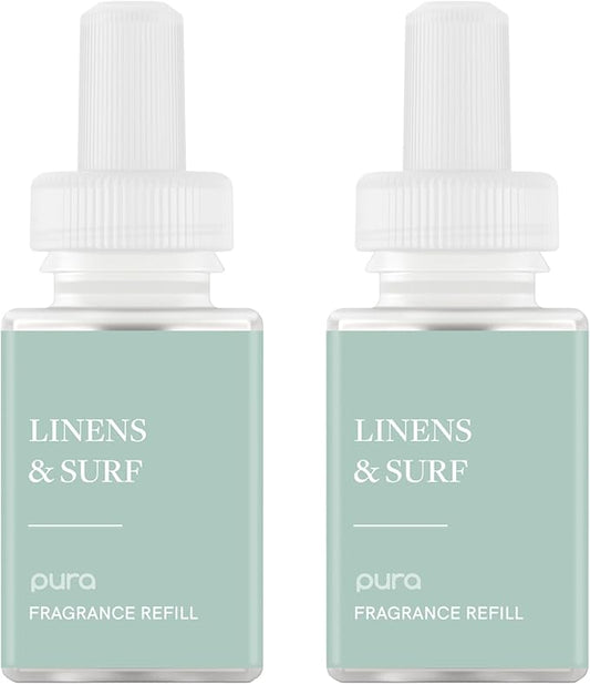 Pura Smart Home Air Diffuser Fragrance - Smart Home Scent Refill - Up to 120-Hours of Premium Fragrance per Refill - Clean Diffuser for Office & Apartment - 2 Pack, Linens & Surf