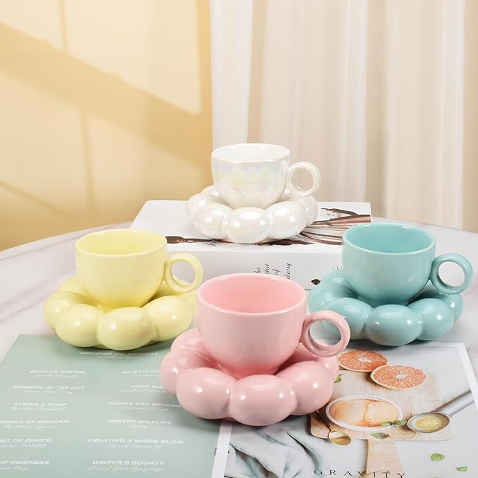 Koythin 4 Pieces Ceramic Sunflower Mug Saucer Set, Creative Cute Cup with Cloud Coaster, 6.5 oz/200 ml Aesthetic Mugs for Tea Latte Milk (White Pink Yellow Blue)