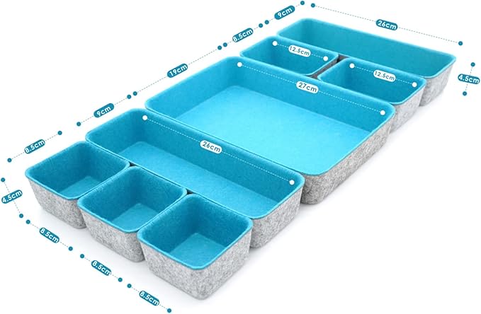 Welaxy desk drawer organizer tray dividers small felt storage box for office entryway catchall key holder makeup crafts pens decluttering 8-piece back to school (Turquoise)