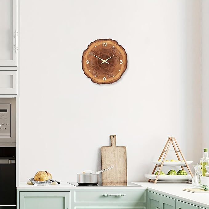 XNM Brown Wooden Clock Battery Operated 14 Inch Farmhouse Wall Clock for Bedroom Decor Rustic Annual Ring Wall Clock Silent (MDF No Solid Wood)