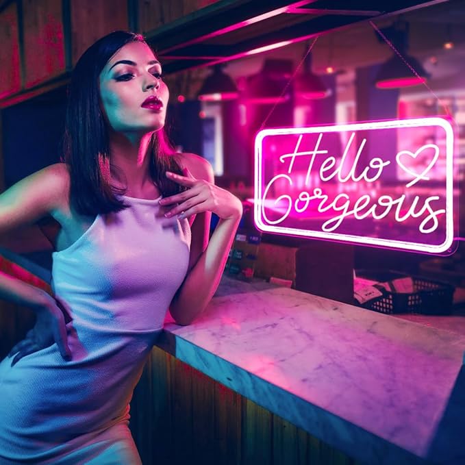 Hello Gorgeous Neon Signs for Wall Decor, Hello Beautiful Neon Sign for Girls Bedroom, Makeup Room Pink LED Neon Lights for Bachelorette Birthday Party Wedding USB Powered with Dimmable Switch