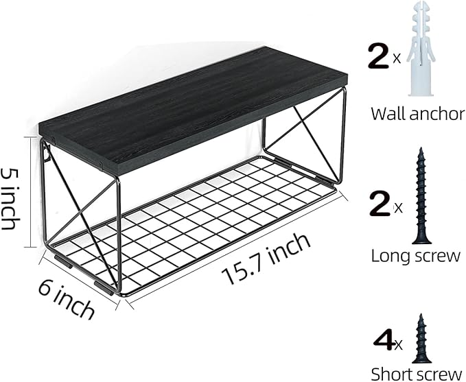 Bathroom Shelf with Wire Storage Basket, Floating Shelf Over Toilet with Protective Metal Guardrail, Wall Shelf for Bedroom, Living Room, Kitchen and Bathroom Toilet Paper