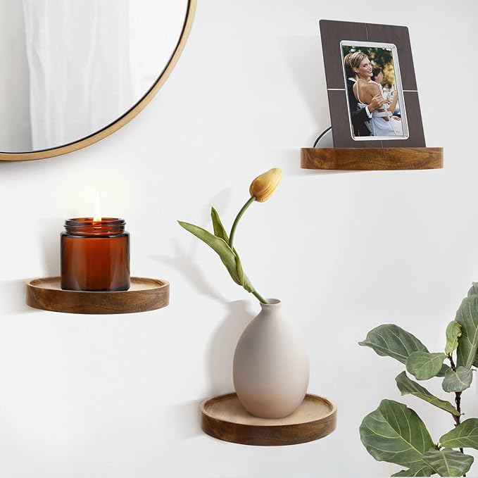 AceList 3-Pack Round Floating Shelves for Wall Decor, 6'' Diameter Acacia Wood Floating Shelf, Cup Plant Wall Shelves for Bedroom, Bedroom, Living Room, Bathroom, Kitchen, Western Decor
