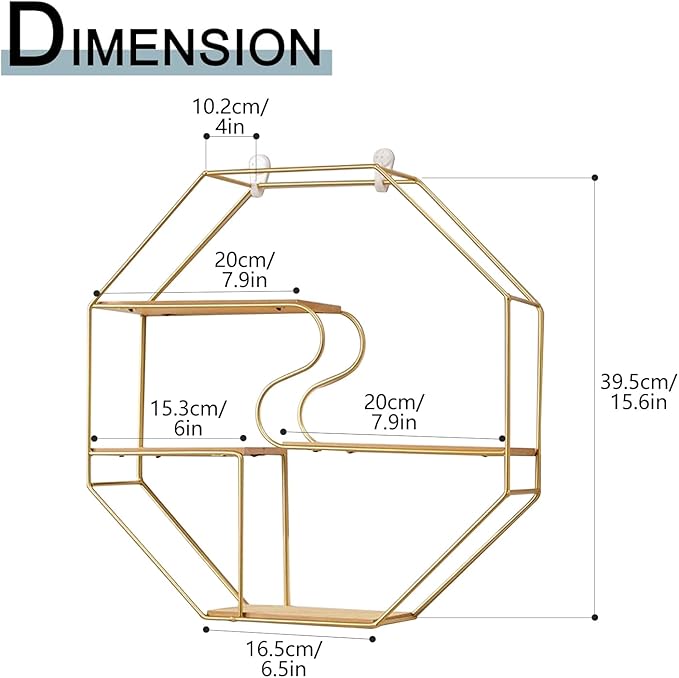 Gold Octagon Wall Mounted Metal Floating 3 Tier Shelf, Geometric Wall Shelves with Wire Frame and Wood Partition, Modern Simple Honeycomb Display Shelves Boho Decor for Bedroom, Living Room, Office