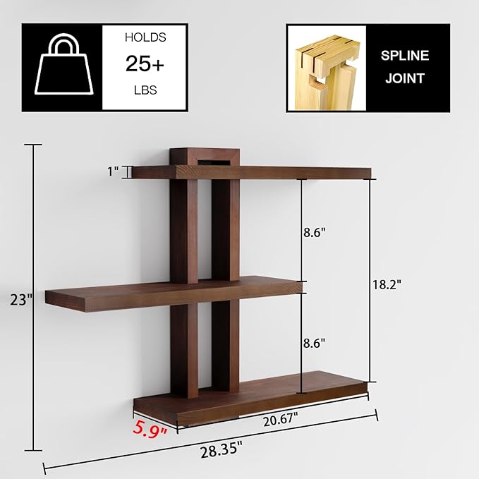 Variable Wood Floating Shelves Set of 3, Wall Cube Shelves 28.35" Max, Wall Shelves for Living Room Bathroom Bedroom - Light Walnut Color - 28.35" x 23" x 5.9" Max