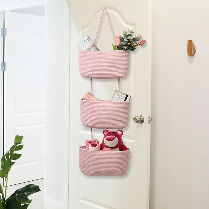 TeoKJ 3-Tier Wall hanging Storage Bags, Over the Door Organizer, Decorative Cotton Rope Hanging Baskets, Pink