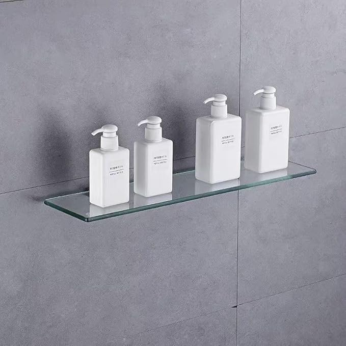 Glass Bathroom Shelf Wall Mounted 13.77 inches Tempered Glass Stainless Steel Tempered Transparent Glass with Chrome Bracket for Bathroom Bedroom Kitchen (2PC)