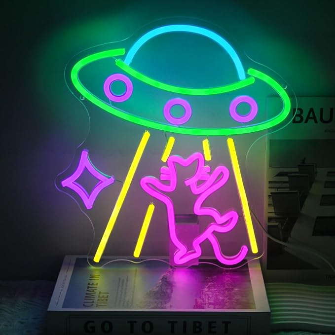 UFO Cat Neon Sign Fun Alien Neon Light Spacecraft LED Sign Adorable Pink Cat Neon Lights Signs for Bedroom Game Room Man Cave Bar Party Decoration Gifts for Kids Wall Art