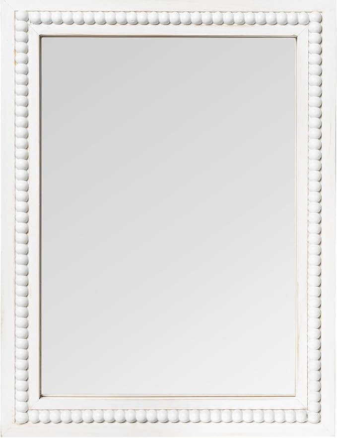 White Wood Beaded Frame Wall Mount Mirror, 12 x 16 Inches Modern Farmhouse Real Glass Horizontal/Vertical Hanging Mirror for Bathroom, Living Room, Entryway