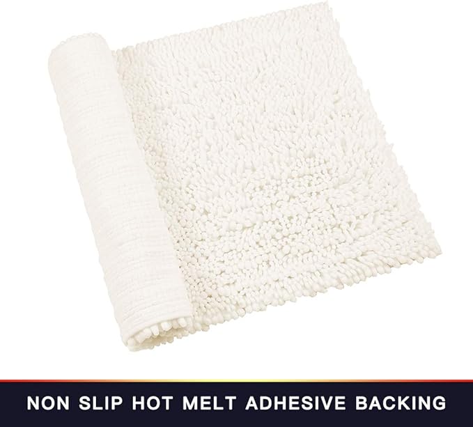 Walensee Bathroom Rug 2 Pieces Set Non Slip Bath Mat (17x24 Plus 20x32 Inch Ivory) Water Absorbent Super Soft Shaggy Chenille Machine Washable Dry Extra Thick Perfect Carpet for Shower Floor