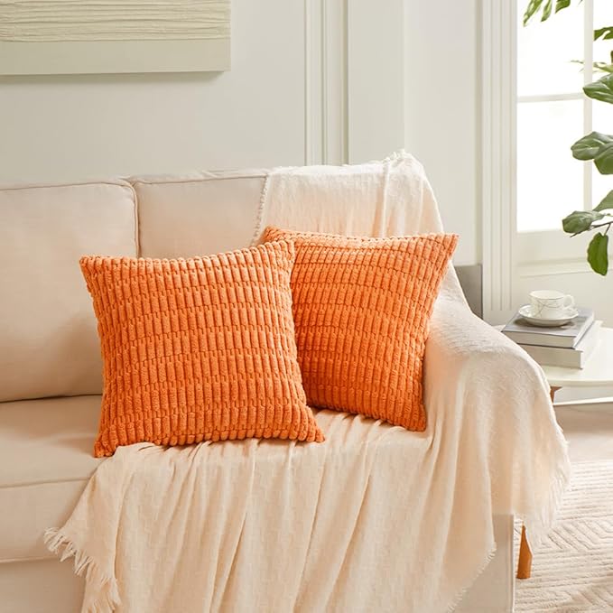 Fancy Homi 4 Packs Orange Fall Decorative Throw Pillow Covers 26x26 Inch for Couch Living Room Bed Sofa, Halloween Pumpkin Autumn Home Decor, Soft Cute Plush Corduroy Striped Cushion Case 66x66 CM