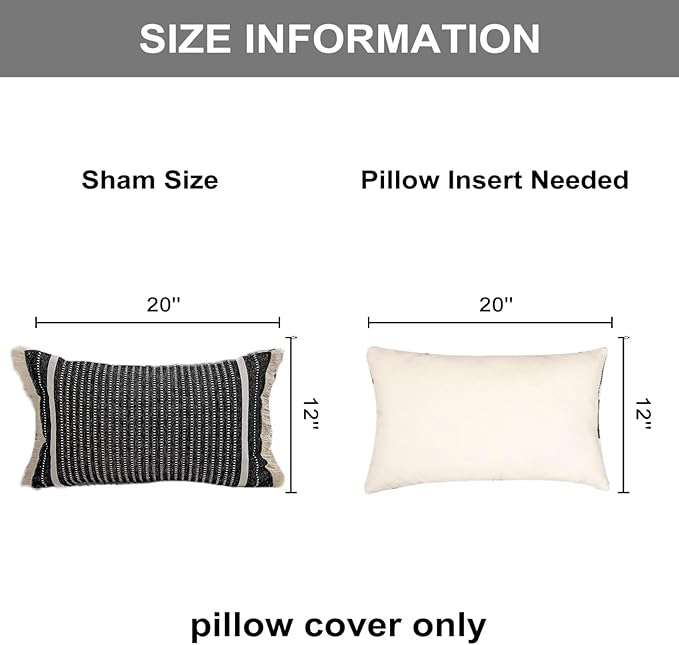 OJIA Modern Throw Pillow Cover with Tassels, Decorative Liana Fringe Accent Cushion Case, Farmhouse Woven Pillowcase for Sofa Chair Couch Bed Decor (Lumbar 12 x 20 Inches, Black)