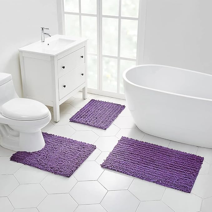 Walensee Bathroom Rug 2 Pieces Set Non Slip Bath Mat (20"x32" Plus 20"x32" Lavender) Water Absorbent Super Soft Shaggy Chenille Machine Washable Dry Extra Thick Perfect Carpet for Shower Floor