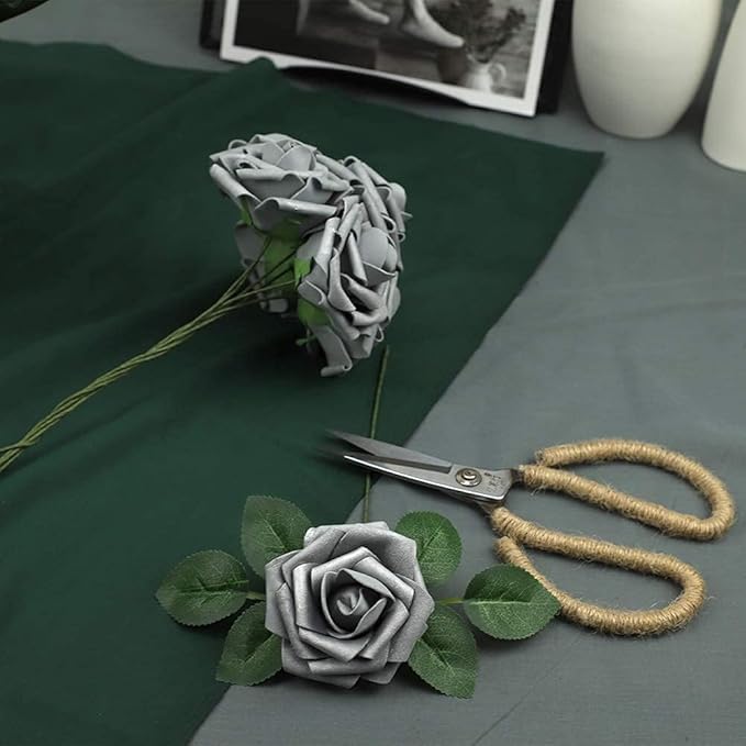 N&T NIETING Artificial Flowers, Fake Flowers Roses Perfect for DIY Wedding Bridal Bouquets Centerpieces Bridal Shower Party Home Flower Arrangement Decorations, 25Pcs, Silver Gray