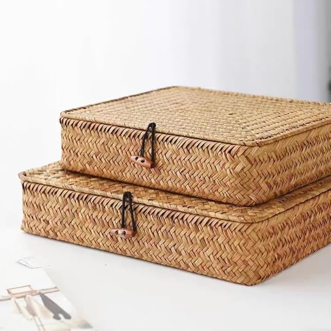 Seagrass Storage Baskets with Lid, Flat Wicker Basket, Rattan Storage Bins, Shallow Woven Basket for Shlef, Decorative Storage Boxes for Organizing