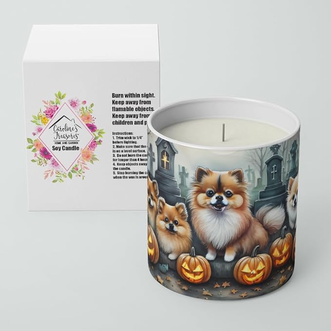 Caroline's Treasures DAC2068CDL Pomeranian Spooky Halloween Decorative Soy Candle Nature Soy Wax Essential Oil Home Decor Ideal for Bedroom Kitchen Bath Office Gift, 10 oz