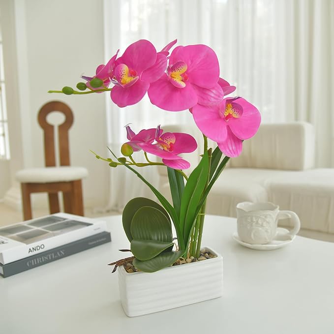 Artificial Real Touch Orchid Flowers in Pot Fake Phalaenopsis Flower with White Ceramic Vase Faux Orchids Arrangement for Home Table Office Wedding Party Decoration (Purple Red)