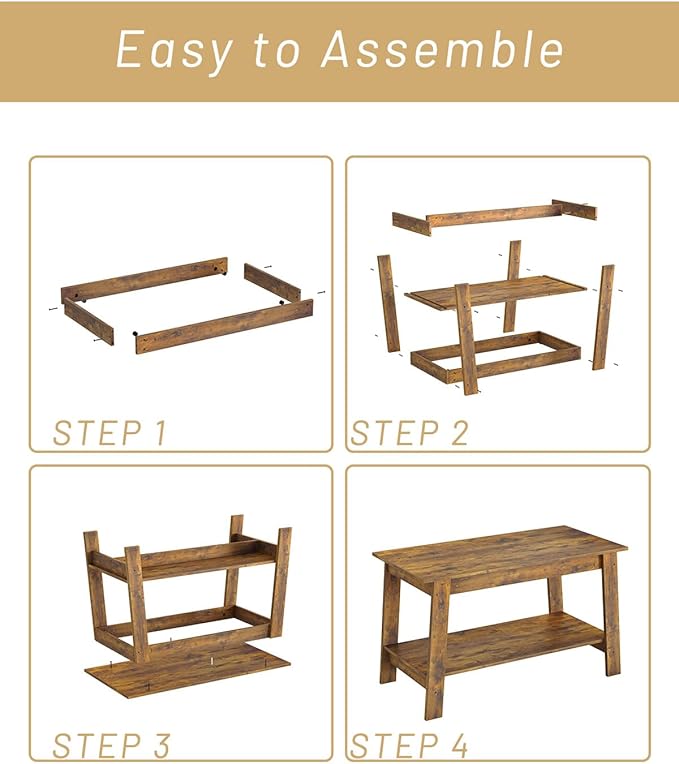 2-Tie Coffee Table, Rustic Wood Living Room Tables with Open Rectangular Storage Compartment, Coffee Tables for Living Room, Outdoors, Home Office, Bedroom, Retro Brown