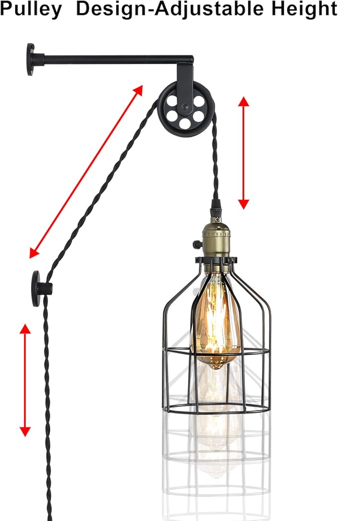 Industrial Wall Sconce Lights Lift Pulley Design Vintage Farmhouse Wall Lamps for Living Room Decor, Retro Mounted Fixture with Wheel Pendant Lamp for Bedroom(No Bulb)