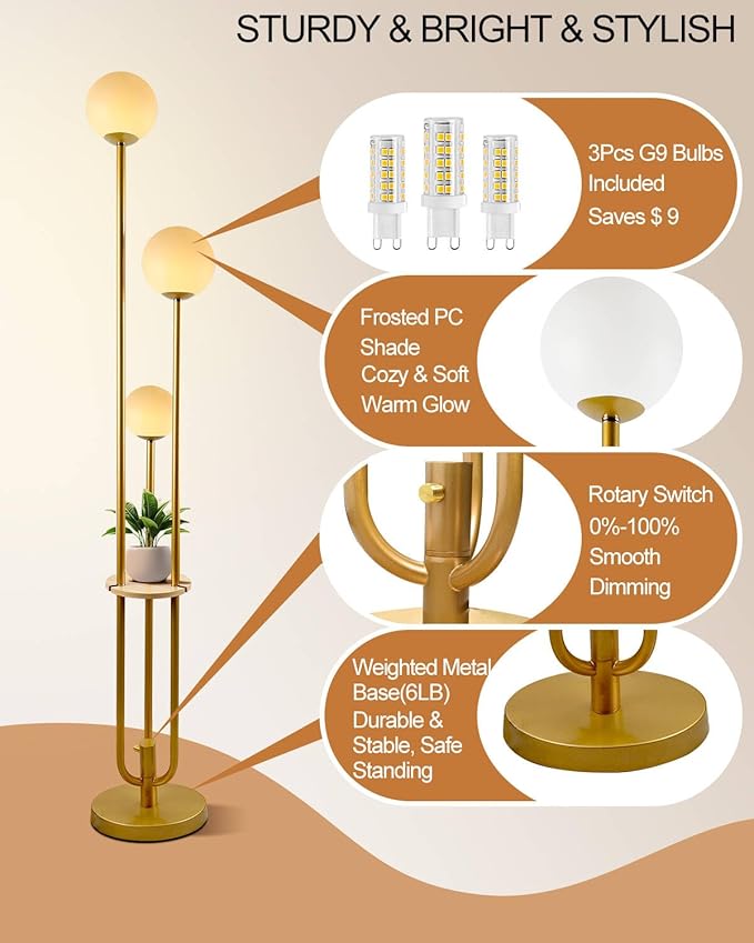 63IN Dimmable Floor Lamp with Shelf, Unique Globe Gold Tall Standing Lamps with 3 Poles, 3000K Warmwhite Mid Century Modern Floor Lamp for Living Room Home Office(Bulbs Included)