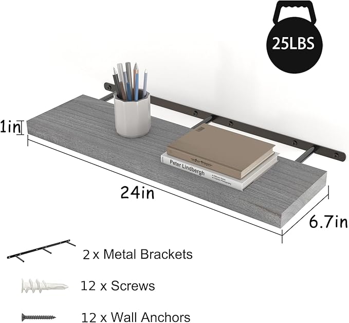 Floating Shelves 24 Inch Wall Shelf Solid Wood Mounted Storage for Bedroom Living Room Set of 2, Rustic Grey Wall Shelves
