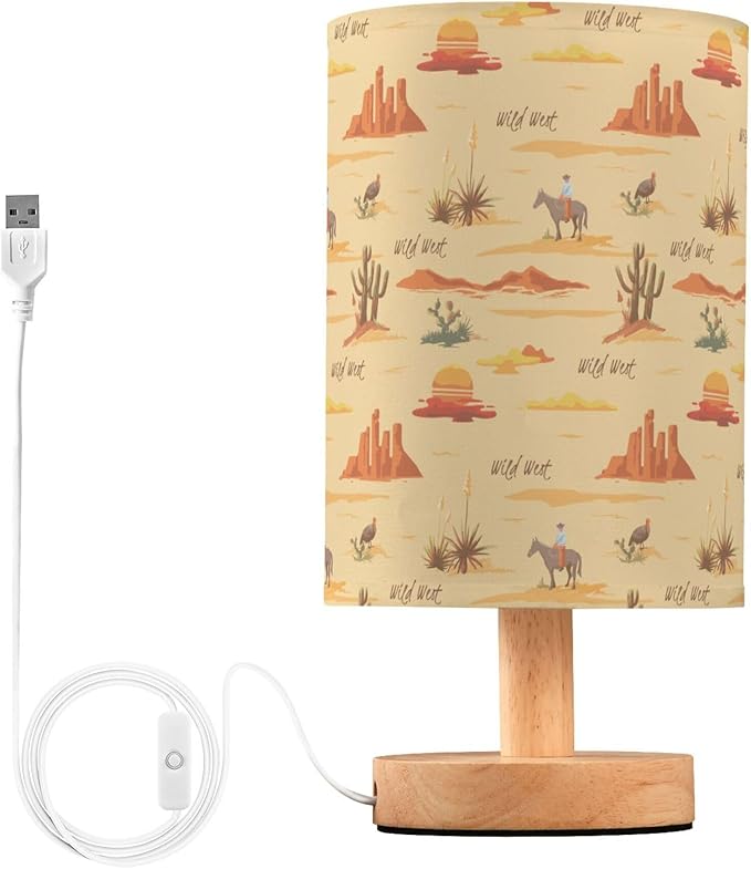 Table Lamp Vintage Sunset Desert Pattern Cactus Mountain Cowboy Horse Turkey Nightstand Lamp with Wood Base Fabric Lamp Shade Bedside Desk Lamp for Living Room Bedroom Kids Room Office