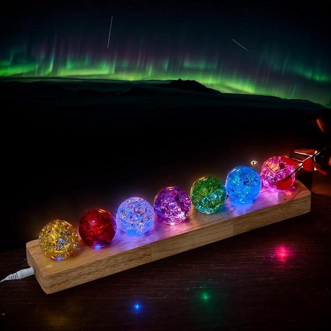 40mm 7 Colors Ice Cracked Glass Crystal Chakra Balls with LED Wooden Base Decorative Ornaments for Home Living Room, Night Sphere as Night Light Decoration and Healing Sphere