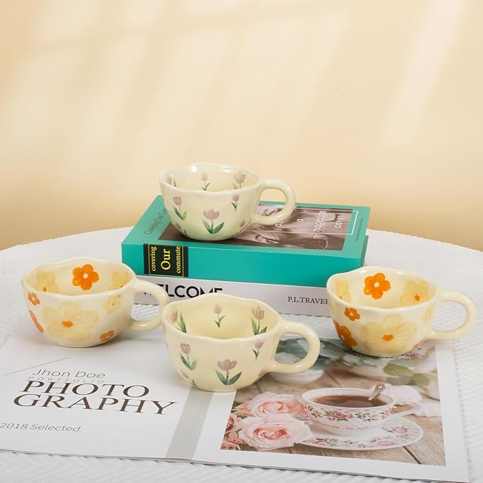 Koythin 2-Pieces Ceramic Coffee Mugs, Creative Cute Flower Cup for Office and Home, 8.5 oz/250 ml Aesthetic Mug for Latte Tea Milk (2 Orange Flower)