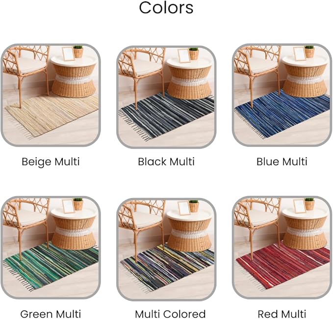 Cotton Chindi Rug with Fringes - Handcrafted Area Rag - Reversible Floor Rug for Bedroom, Living Room, Kitchen, Dorm, Entryway, Hallway - 2x3 ft (24x36 inch) Multi Colored