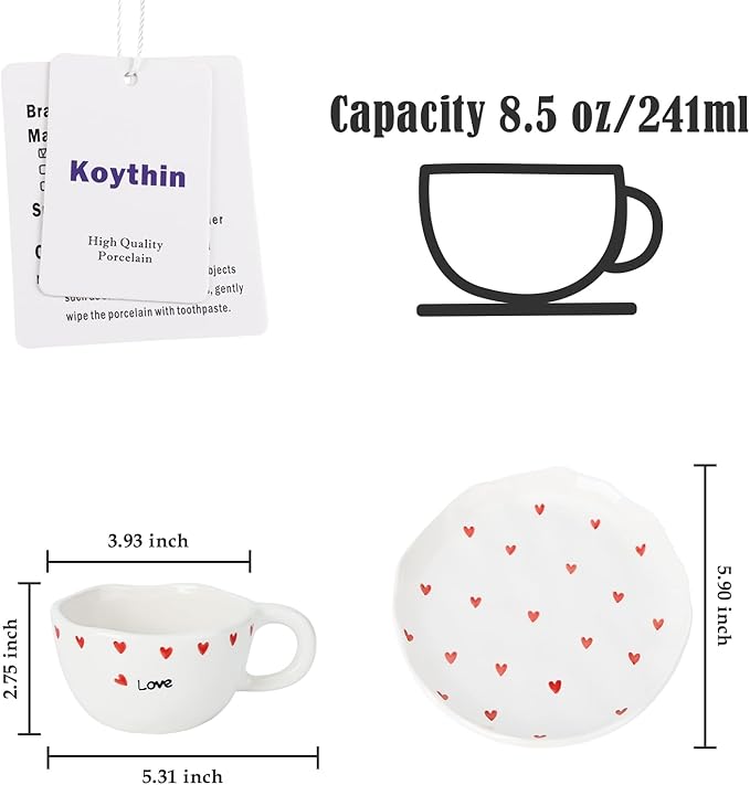 Koythin Ceramic Coffee Mug with Saucers, Handmade Flowers Mugs, Cute Cup for Girl Women, Aesthetic Tea Milk Cup with Handle, 8.5 oz/250 ml for Latte, Cocoa, Office, Home (Little Heart Love)